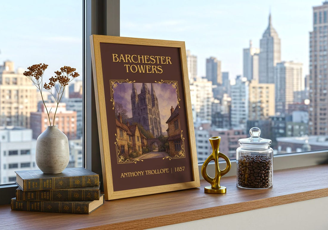 Barchester Towers Classic Book Art Print by Anthony Trollope – framed print on a city-view windowsill