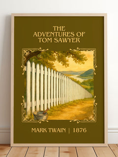 The Adventures Of Tom Sawyer Classic Book Art Print by Mark Twain – framed print leaning on a wooden floor