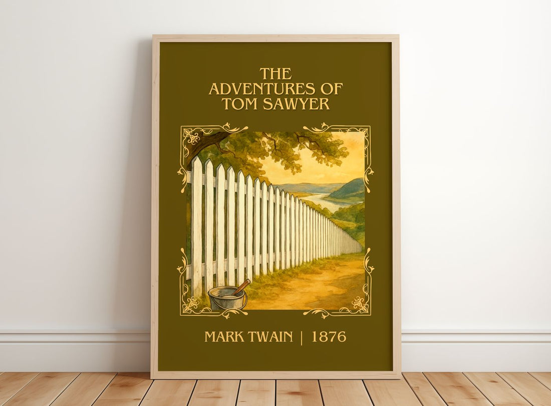 The Adventures Of Tom Sawyer Classic Book Art Print by Mark Twain – framed print leaning on a wooden floor