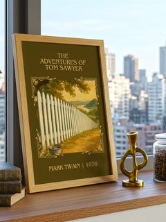 The Adventures Of Tom Sawyer Classic Book Art Print by Mark Twain – framed print on a city-view windowsill