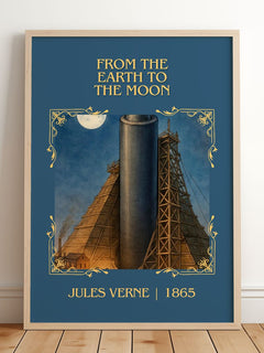 From The Earth To The Moon Classic Book Art Print by Jules Verne – framed print leaning on a wooden floor
