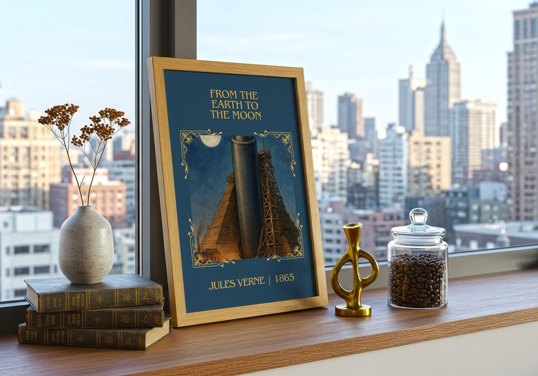 From The Earth To The Moon Classic Book Art Print by Jules Verne – framed print on a city-view windowsill