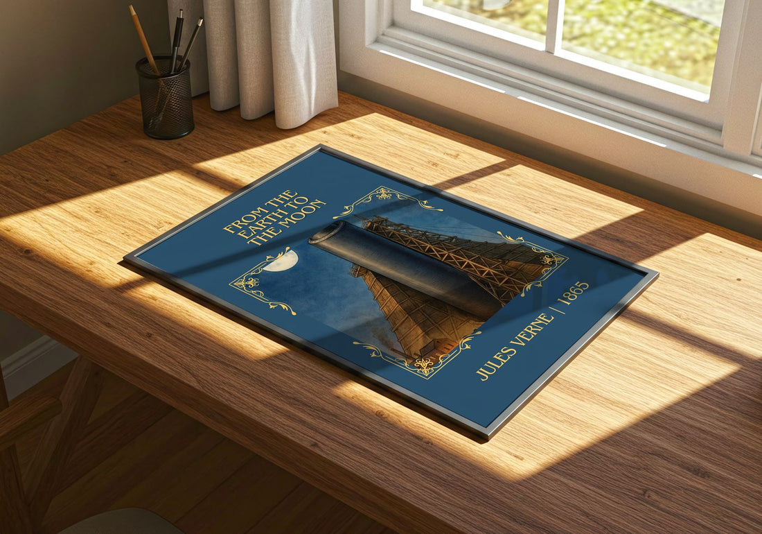 From The Earth To The Moon Classic Book Art Print by Jules Verne – print on a sunlit desk
