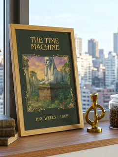 The Time Machine Classic Book Art Print by H.G. Wells – framed print on a city-view windowsill
