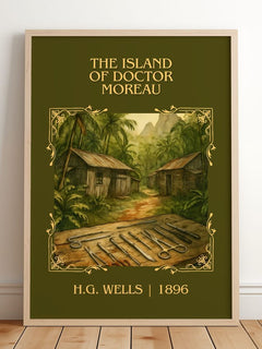 The Island Of Doctor Moreau Classic Book Art Print by H.G. Wells – framed print leaning on a wooden floor