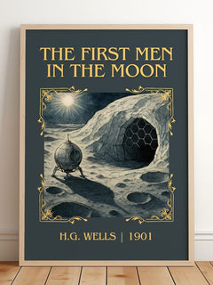 The First Men In The Moon Classic Book Art Print by H.G. Wells – framed print leaning on a wooden floor