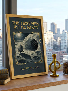 The First Men In The Moon Classic Book Art Print by H.G. Wells – framed print on a city-view windowsill