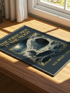 The First Men In The Moon Classic Book Art Print by H.G. Wells – print on a sunlit desk
