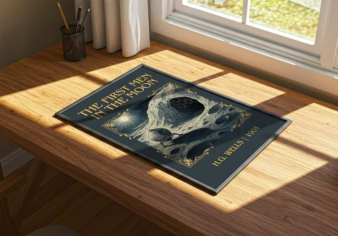 The First Men In The Moon Classic Book Art Print by H.G. Wells – print on a sunlit desk
