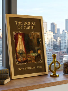 The House Of Mirth Classic Book Art Print by Edith Wharton – framed print on a city-view windowsill