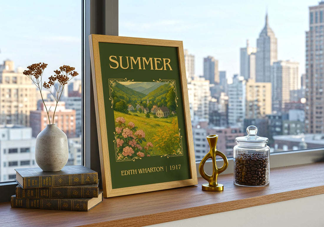 Summer Classic Book Art Print by Edith Wharton – framed print on a city-view windowsill