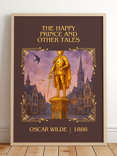 The Happy Prince And Other Tales Classic Book Art Print by Oscar Wilde – framed print leaning on a wooden floor