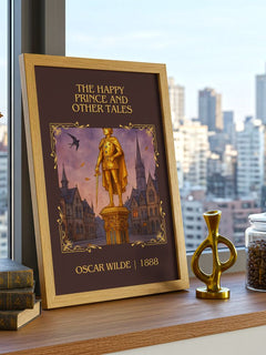 The Happy Prince And Other Tales Classic Book Art Print by Oscar Wilde – framed print on a city-view windowsill