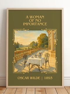 A Woman Of No Importance Classic Book Art Print by Oscar Wilde – framed print leaning on a wooden floor