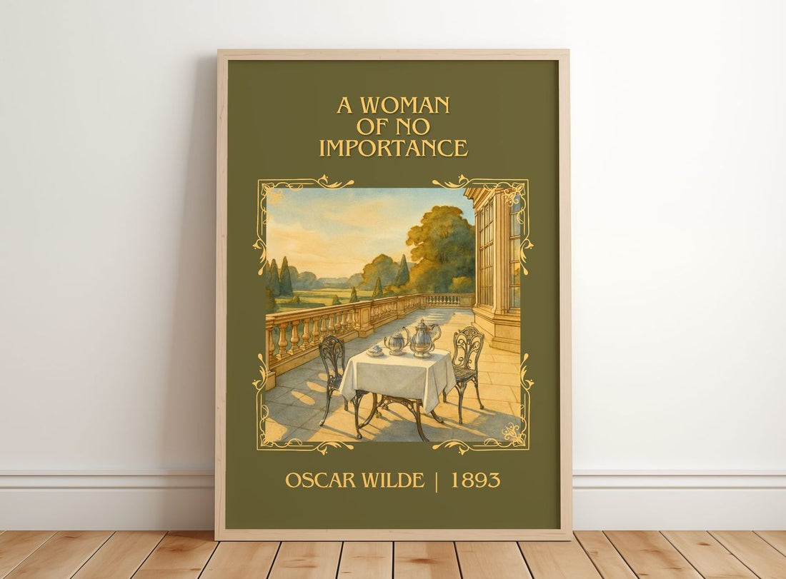 A Woman Of No Importance Classic Book Art Print by Oscar Wilde – framed print leaning on a wooden floor