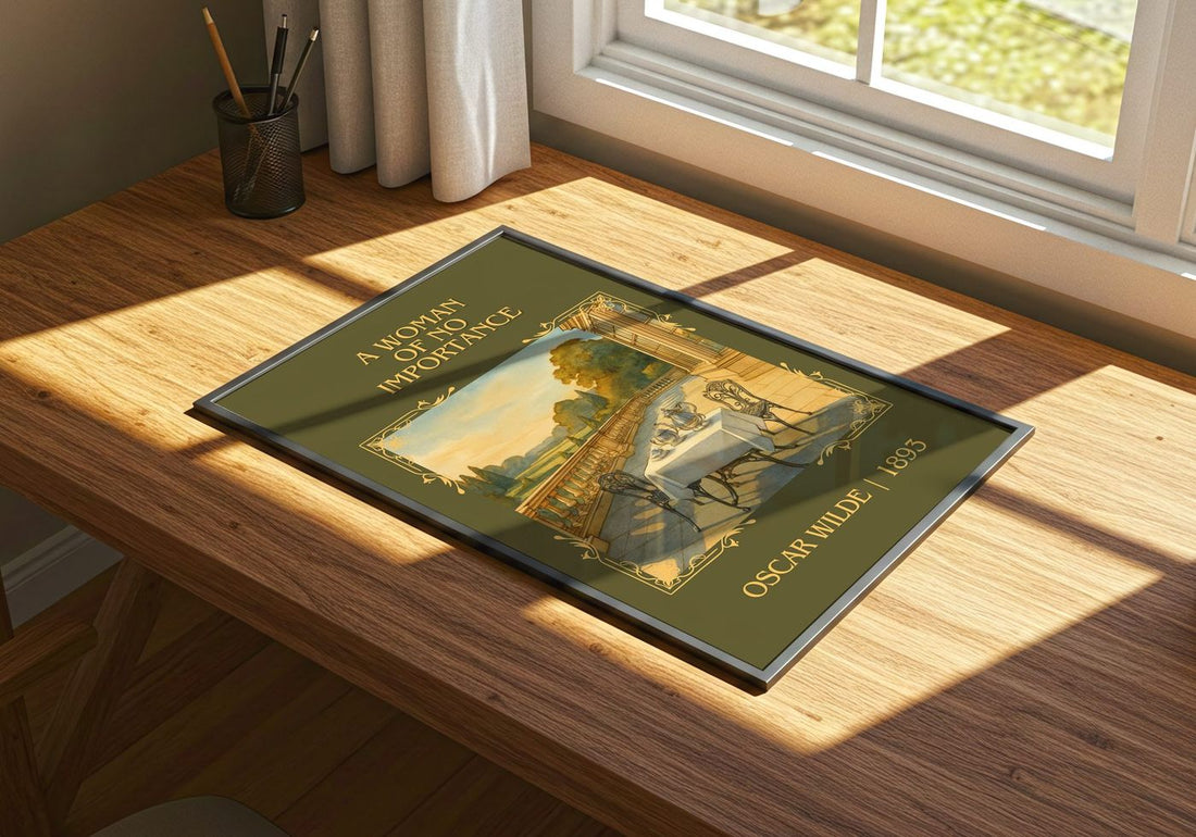 A Woman Of No Importance Classic Book Art Print by Oscar Wilde – print on a sunlit desk