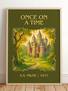 Once On A Time Classic Book Art Print by A.A. Milne – framed print leaning on a wooden floor