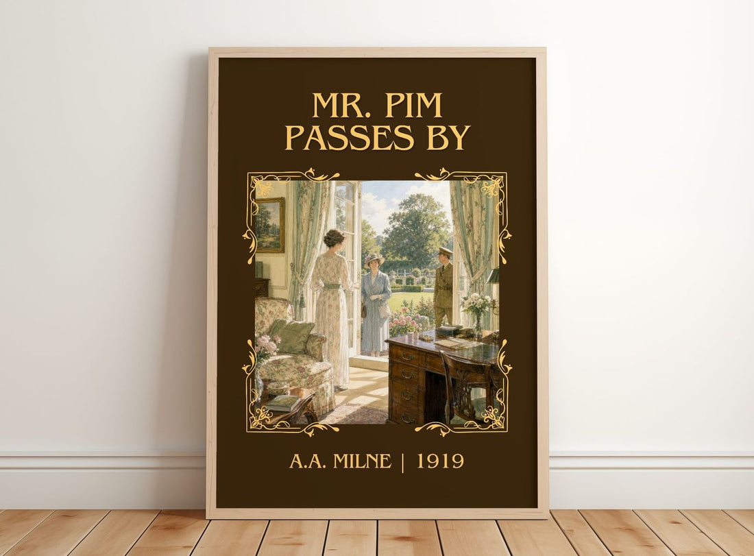 Mr. Pim Passes By Classic Book Art Print by A.A. Milne – framed print leaning on a wooden floor