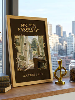 Mr. Pim Passes By Classic Book Art Print by A.A. Milne – framed print on a city-view windowsill