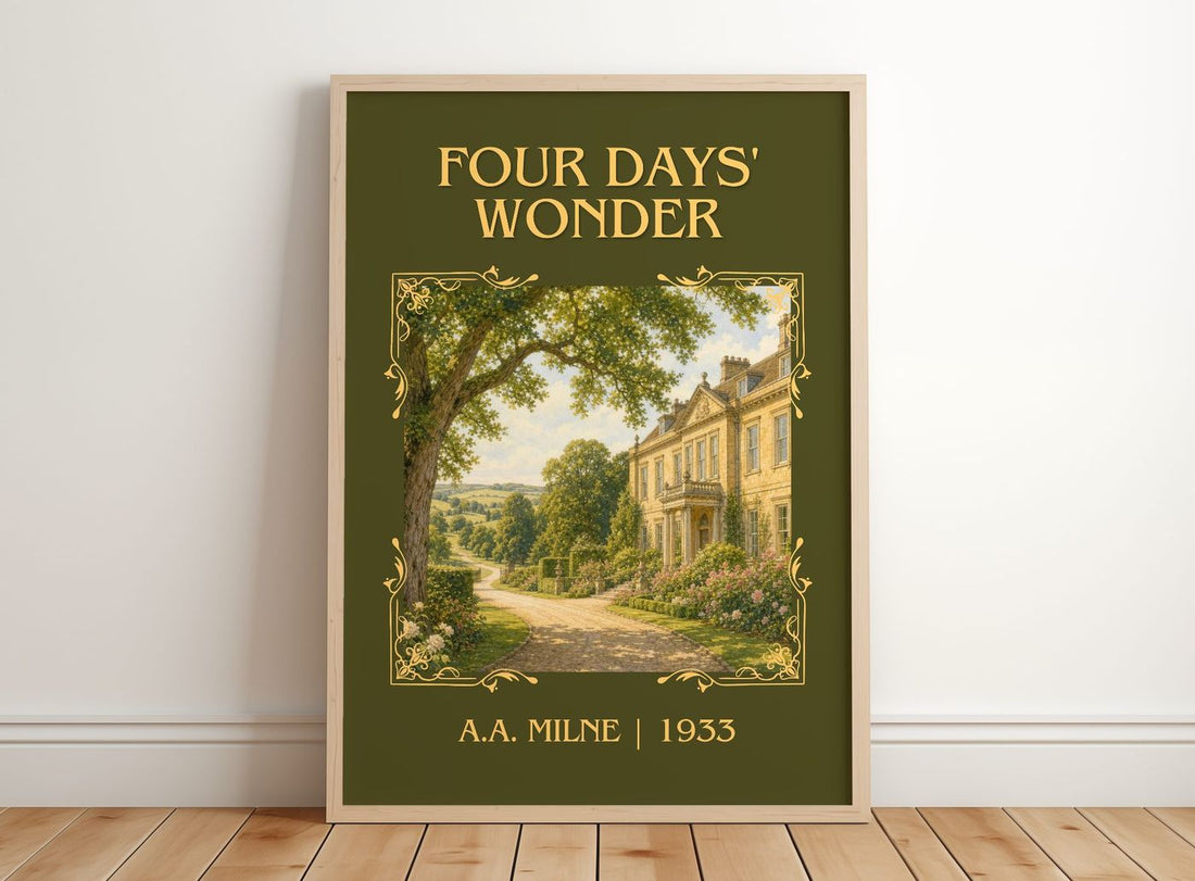 Four Days' Wonder Classic Book Art Print by A.A. Milne – framed print leaning on a wooden floor