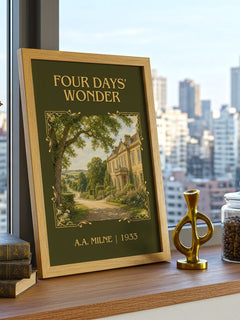 Four Days' Wonder Classic Book Art Print by A.A. Milne – framed print on a city-view windowsill