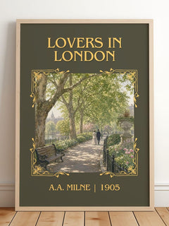 Lovers In London Classic Book Art Print by A.A. Milne – framed print leaning on a wooden floor