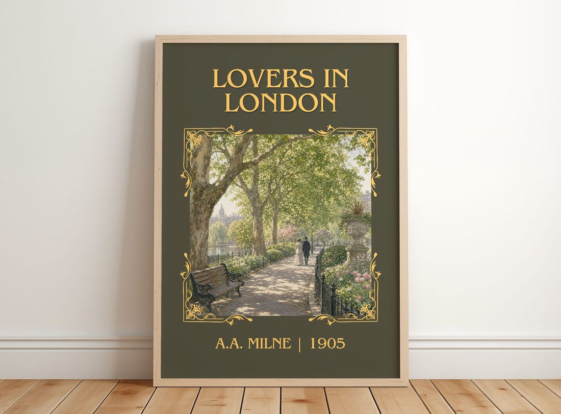 Lovers In London Classic Book Art Print by A.A. Milne – framed print leaning on a wooden floor