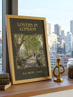 Lovers In London Classic Book Art Print by A.A. Milne – framed print on a city-view windowsill