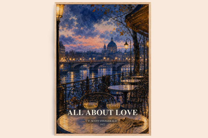 All About Love watercolour book poster by F. Scott Fitzgerald – framed literary art print