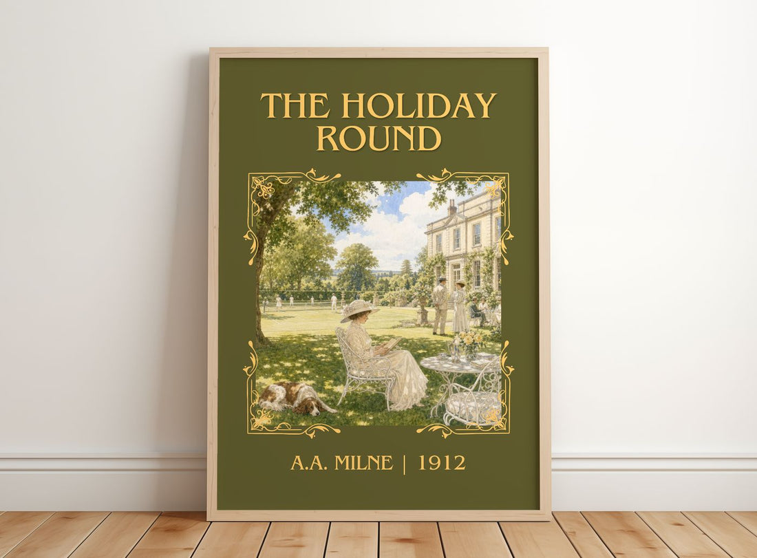 The Holiday Round Classic Book Art Print by A.A. Milne – framed print leaning on a wooden floor