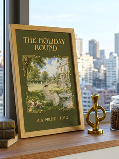 The Holiday Round Classic Book Art Print by A.A. Milne – framed print on a city-view windowsill