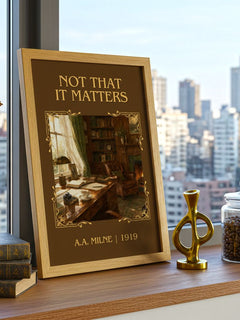 Not That It Matters Classic Book Art Print by A.A. Milne – framed print on a city-view windowsill