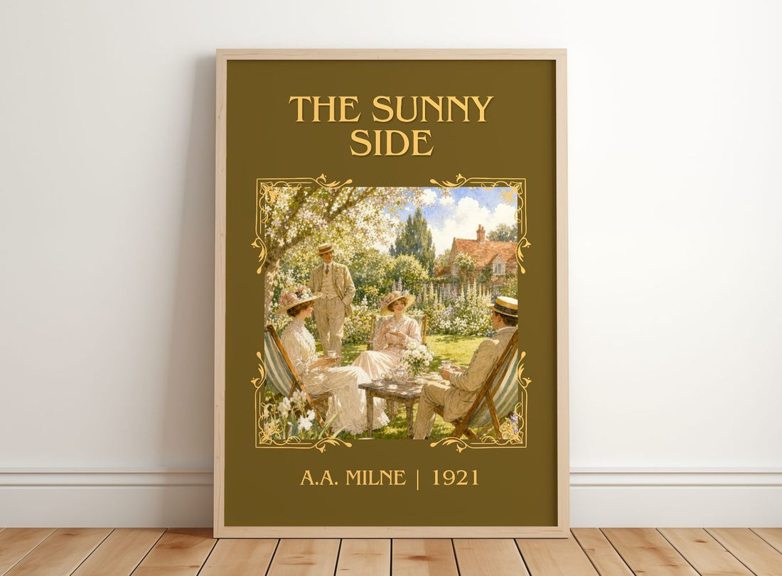 The Sunny Side Classic Book Art Print by A.A. Milne – framed print leaning on a wooden floor