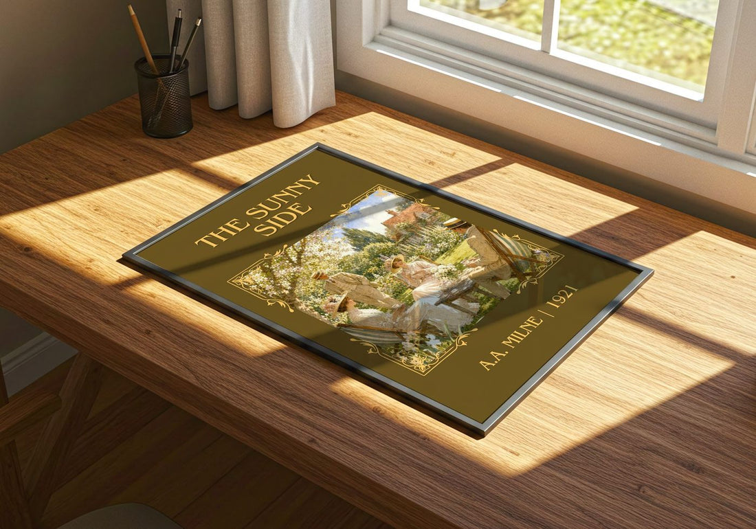 The Sunny Side Classic Book Art Print by A.A. Milne – print on a sunlit desk