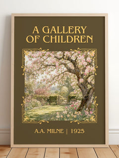 A Gallery Of Children Classic Book Art Print by A.A. Milne – framed print leaning on a wooden floor