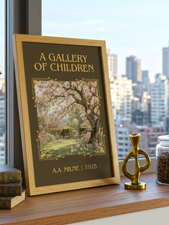 A Gallery Of Children Classic Book Art Print by A.A. Milne – framed print on a city-view windowsill