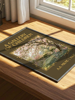 A Gallery Of Children Classic Book Art Print by A.A. Milne – print on a sunlit desk