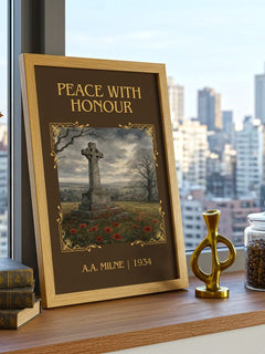 Peace With Honour Classic Book Art Print by A.A. Milne – framed print on a city-view windowsill
