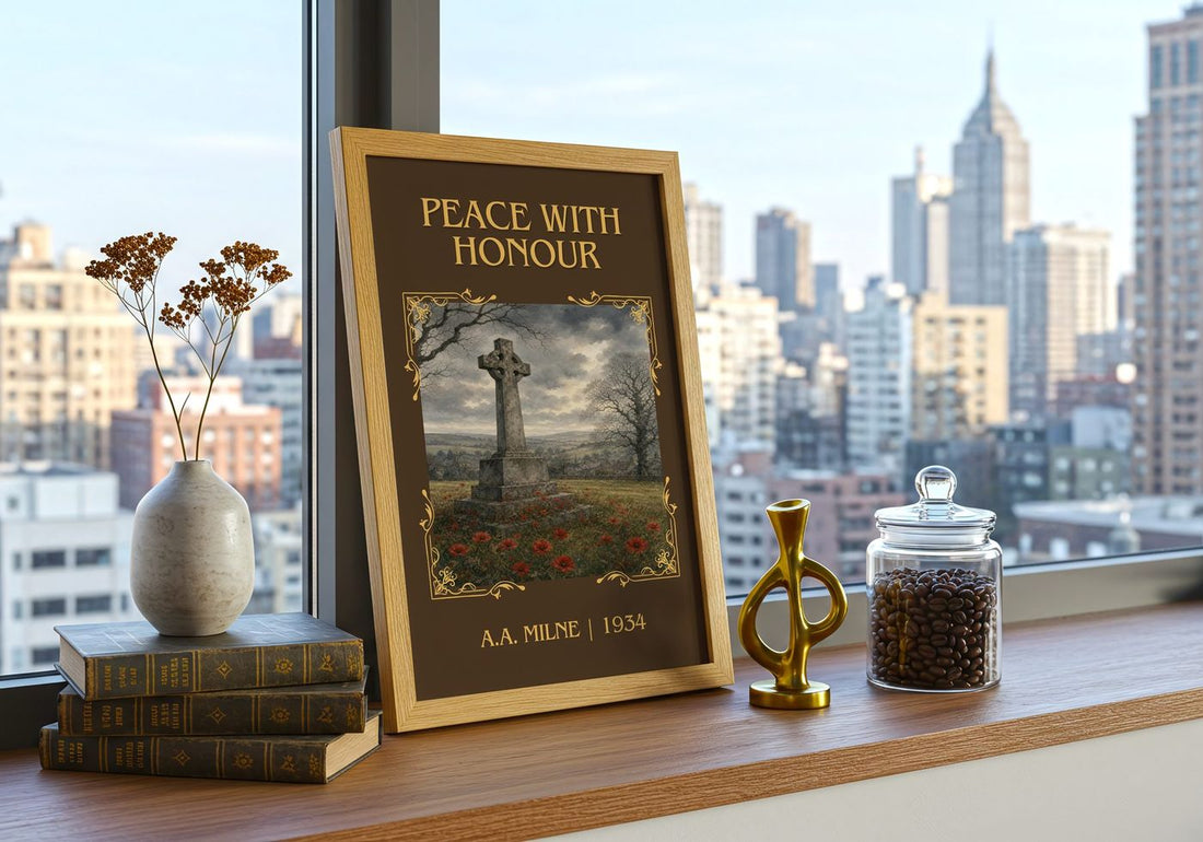 Peace With Honour Classic Book Art Print by A.A. Milne – framed print on a city-view windowsill