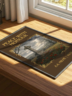 Peace With Honour Classic Book Art Print by A.A. Milne – print on a sunlit desk