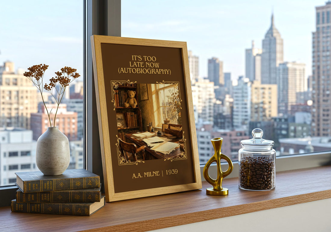 It'S Too Late Now (Autobiography) Classic Book Art Print by A.A. Milne – framed print on a city-view windowsill