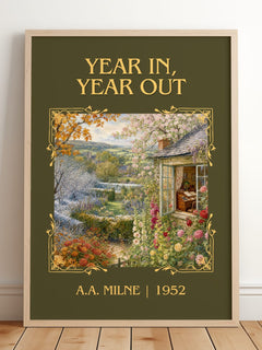 Year In, Year Out Classic Book Art Print by A.A. Milne – framed print leaning on a wooden floor