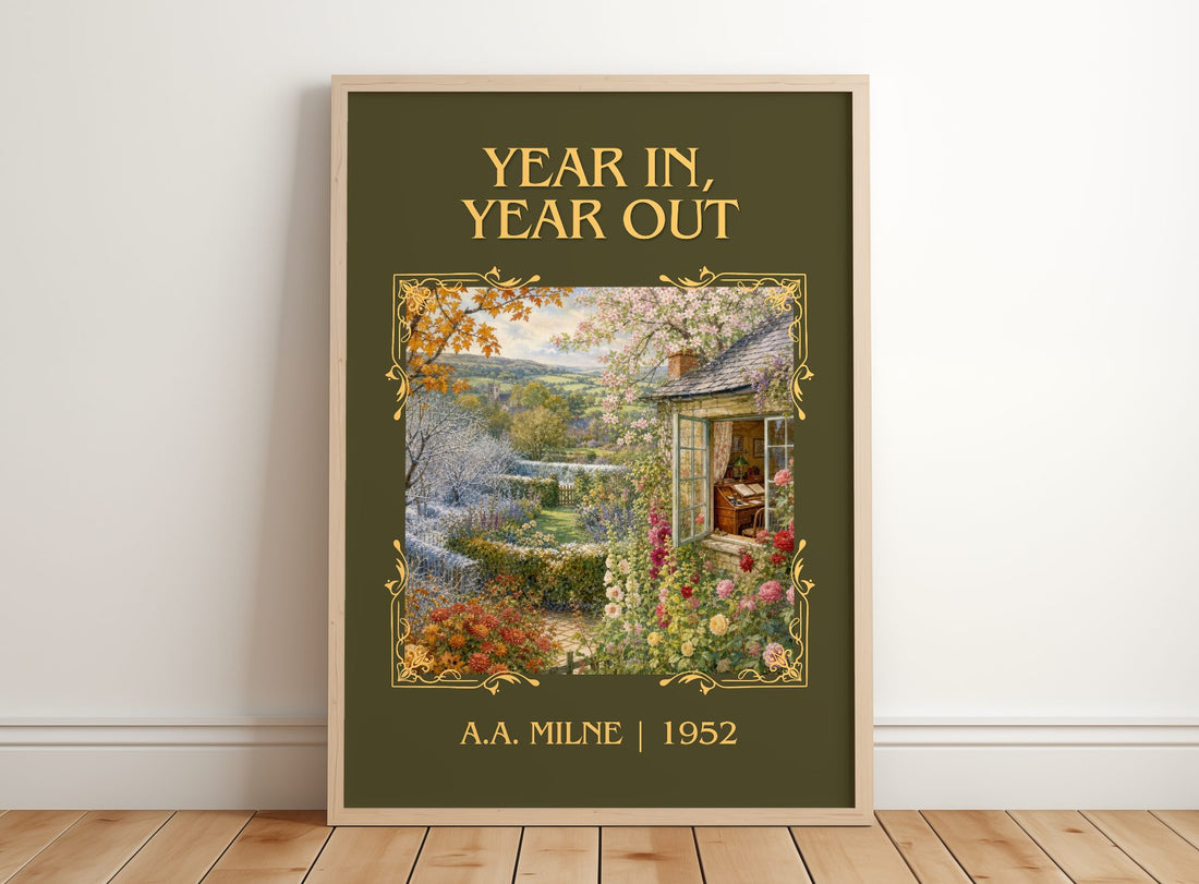 Year In, Year Out Classic Book Art Print by A.A. Milne – framed print leaning on a wooden floor