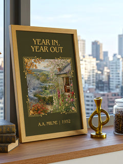Year In, Year Out Classic Book Art Print by A.A. Milne – framed print on a city-view windowsill
