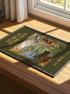 Year In, Year Out Classic Book Art Print by A.A. Milne – print on a sunlit desk