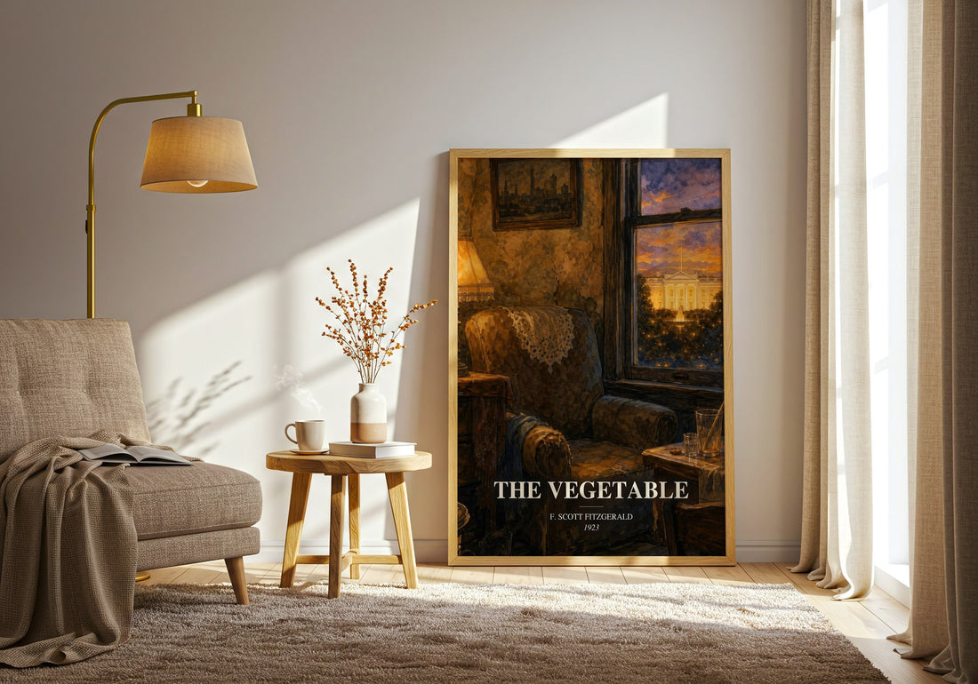 The Vegetable watercolour print in frame leaning in hallway – satire wall art (mockup)