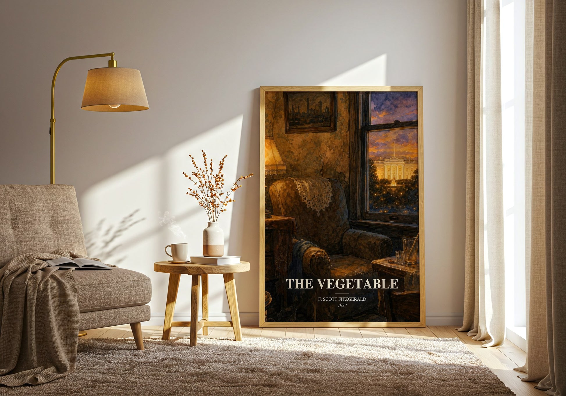 The Vegetable watercolour print in frame leaning in hallway – satire wall art