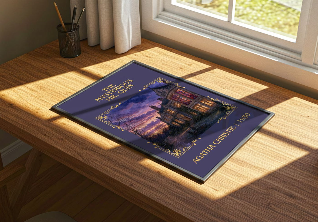 The Mysterious Mr. Quin Classic Book Art Print by Agatha Christie – print on a sunlit desk