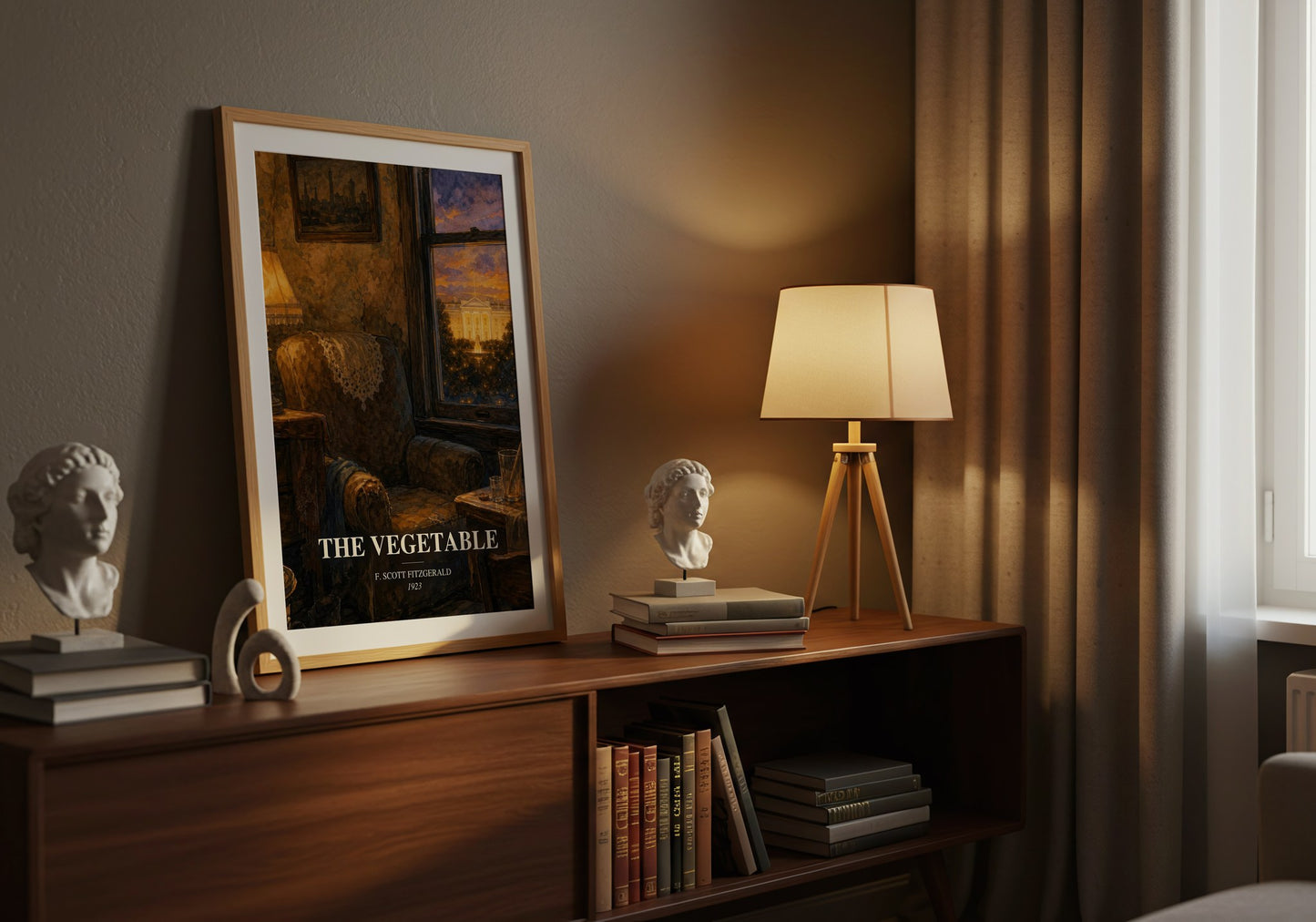 The Vegetable watercolour print on bookshelf – F. Scott Fitzgerald fan gift