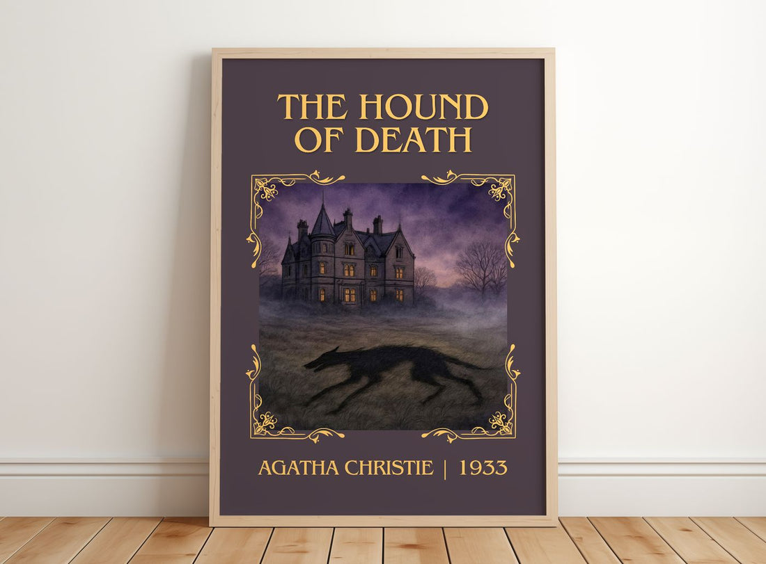 The Hound Of Death Classic Book Art Print by Agatha Christie – framed print leaning on a wooden floor